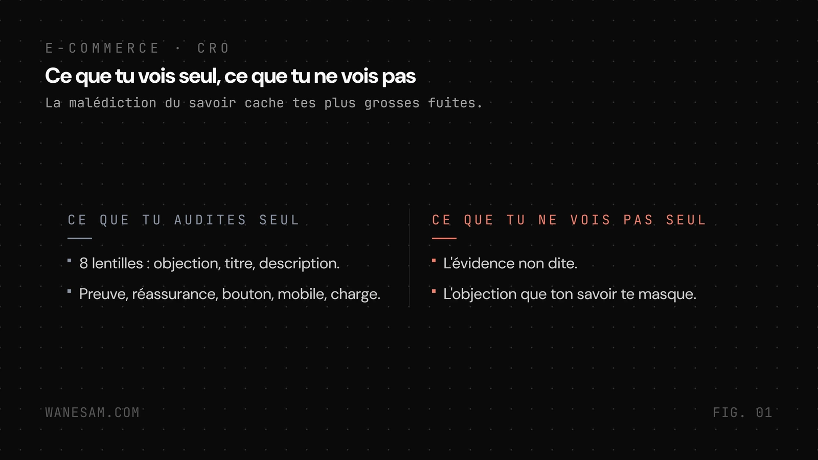 Deux colonnes opposant ce que tu audites seul (les huit lentilles) et ce que tu ne vois pas seul (ton angle mort, l'évidence que tu ne dis pas).