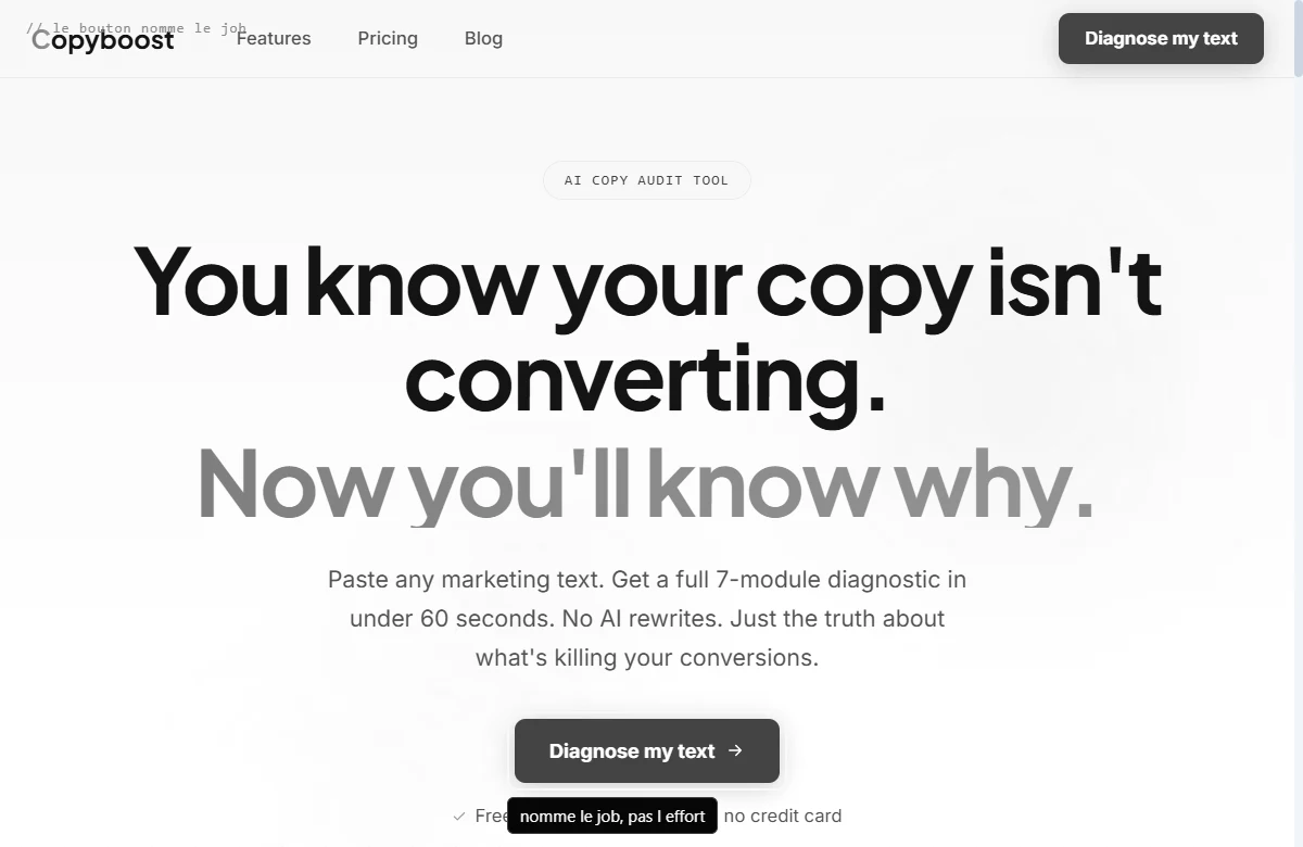 Bouton Copyboost Diagnose my text annoté comme nommant le job, autour, barrés, Get started, Unlock et Boost.