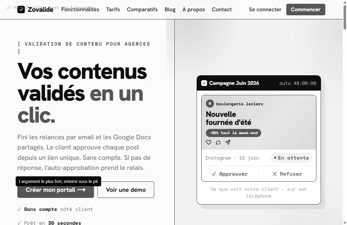 Hero Zovalide, la zone des cinq premières secondes surlignée, l'argument auto-approbation entouré plus bas avec une flèche vers le haut.