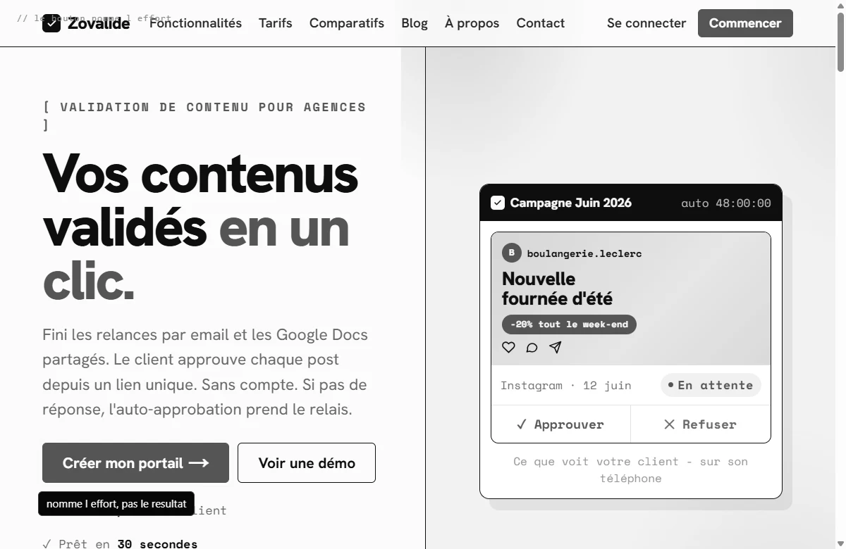 Bouton Zovalide Créer mon portail annoté comme nommant l'effort, à côté deux variantes qui nomment le résultat.