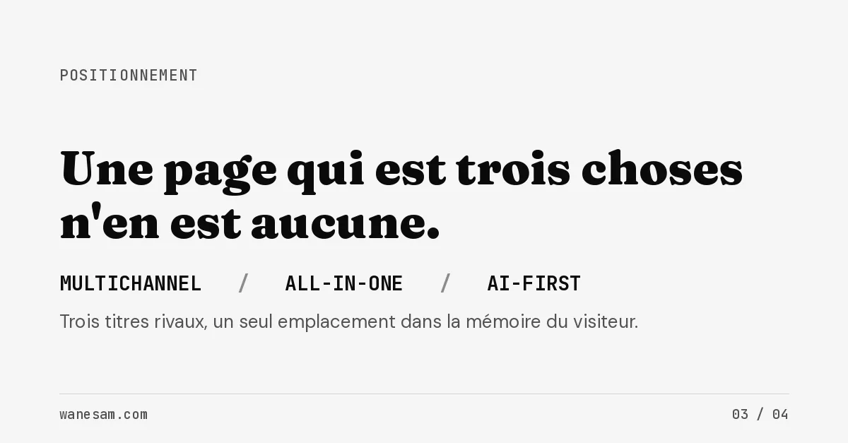 Fuite de positionnement de Brevo : trois titres rivaux, MULTICHANNEL, ALL-IN-ONE et AI-FIRST, se disputent le seul emplacement mémoire du visiteur.